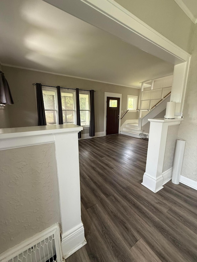 1678 Minnehaha Ave E, Saint Paul, MN 55106 - foyer with stairs, dark wood-style floors, and ornamental molding