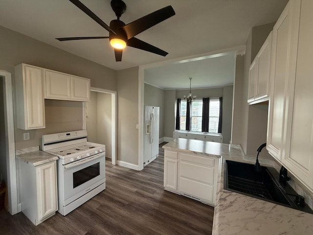 1678 Minnehaha Ave E, Saint Paul, MN 55106 - kitchen with white appliances, a chandelier, dark wood-style flooring, white cabinetry, and ceiling fan