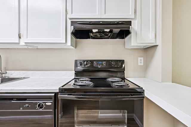 10311 Cedar Lake Rd Unit 210, Minnetonka, MN 55305 - kitchen with exhaust hood, electric range, dishwasher, white cabinets, and light countertops