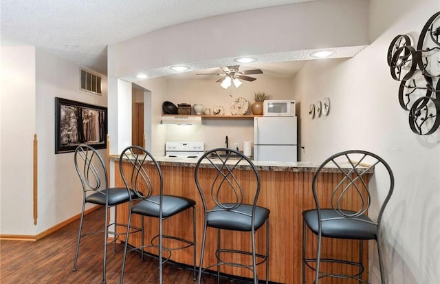 10311 Cedar Lake Rd Unit 210, Minnetonka, MN 55305 - kitchen with white appliances, dark wood finished floors, under cabinet range hood, a breakfast bar area, and a ceiling fan