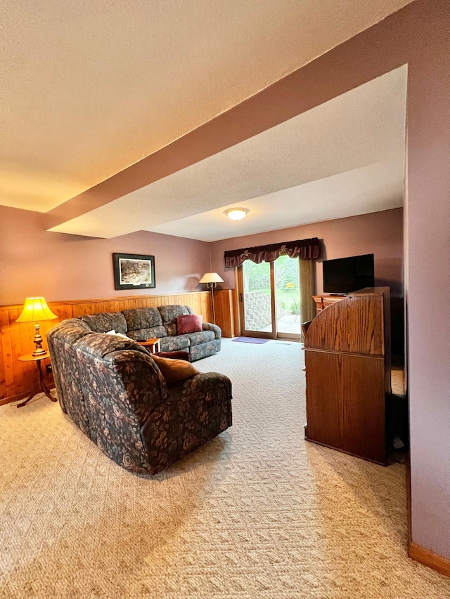 4095 125th St SE, Granite Falls, MN 56241 - carpeted living area featuring wooden walls and a wainscoted wall
