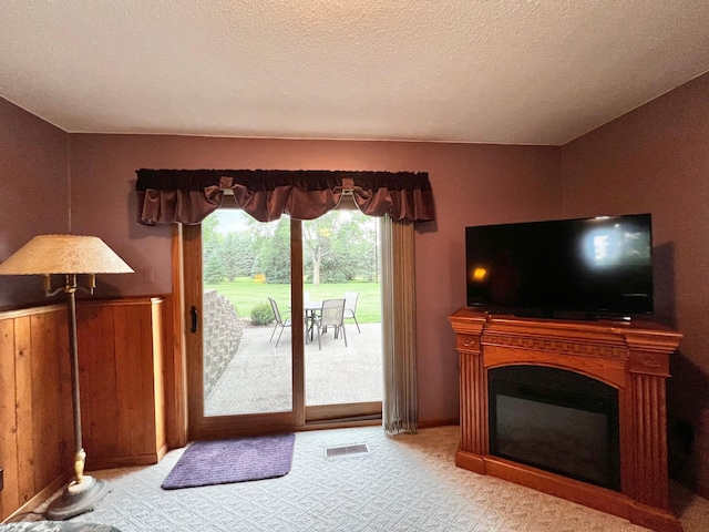 4095 125th St SE, Granite Falls, MN 56241 - living room with carpet floors, a glass covered fireplace, and a textured ceiling