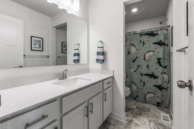 1959 Tamarack Rd, Carver, MN 55315 - bathroom featuring marble look tiles, vanity, a shower with curtain, and recessed lighting