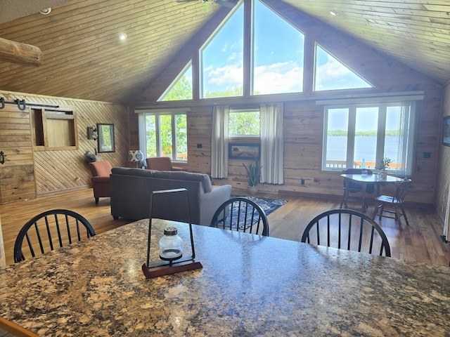 45356 140th St, Swan Lake Twp, MN 56235 - dining area with wood walls, plenty of natural light, wood finished floors, high vaulted ceiling, and wooden ceiling