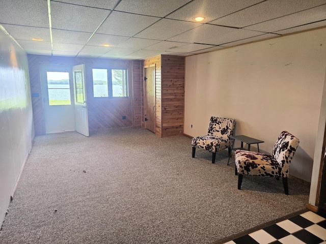45356 140th St, Swan Lake Twp, MN 56235 - unfurnished room featuring carpet floors, a paneled ceiling, and wooden walls