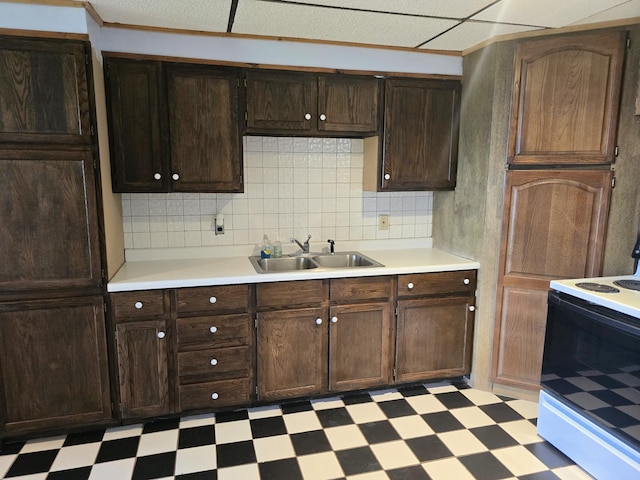 45356 140th St, Swan Lake Twp, MN 56235 - kitchen with light flooring, white range with electric stovetop, light countertops, and dark brown cabinetry