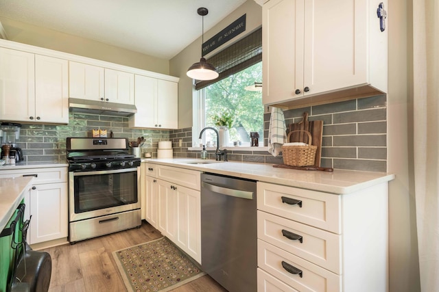 18377 County Highway 25, Fergus Falls, MN 56537 - kitchen featuring stainless steel appliances, under cabinet range hood, light wood-style floors, light countertops, and tasteful backsplash