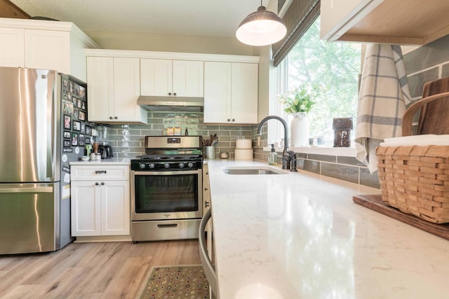 18377 County Highway 25, Fergus Falls, MN 56537 - kitchen featuring stainless steel appliances, under cabinet range hood, white cabinetry, and backsplash