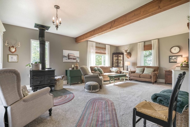 18377 County Highway 25, Fergus Falls, MN 56537 - living room with carpet, healthy amount of natural light, beamed ceiling, a chandelier, and a wood stove