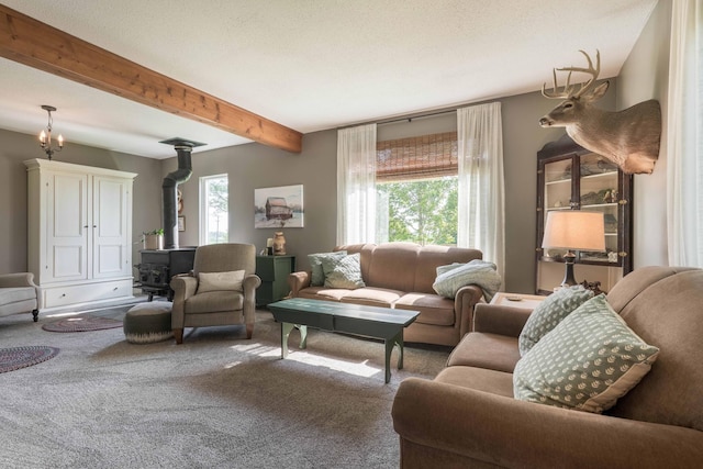 18377 County Highway 25, Fergus Falls, MN 56537 - living area featuring carpet, healthy amount of natural light, a wood stove, and beamed ceiling