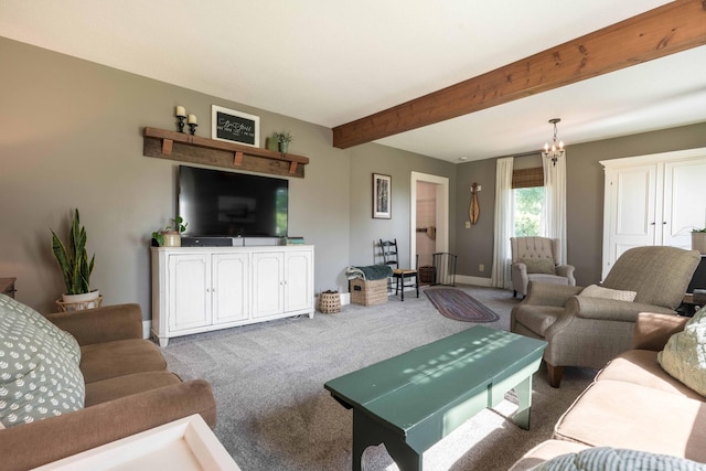 18377 County Highway 25, Fergus Falls, MN 56537 - living room with carpet floors, beamed ceiling, and a chandelier