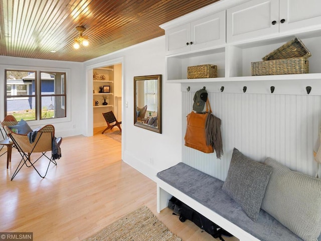 3201 Xenwood Ave S, Saint Louis Park, MN 55416 - mudroom featuring light wood-style floors, wooden ceiling, and built in shelves