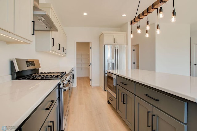 419 Reese Way, Mapleton, ND 58059 - kitchen with stainless steel appliances, wall chimney range hood, light wood-style floors, recessed lighting, and decorative light fixtures
