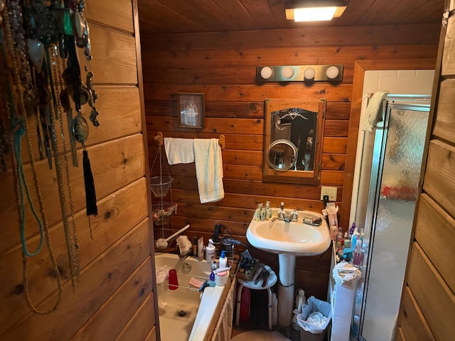 40257 Elbow Lake Store Rd, Round Lake N Twp, MN 56589 - full bathroom featuring a bath, wood walls, a stall shower, and wooden ceiling