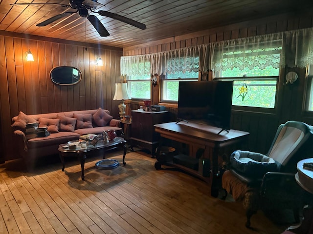 40257 Elbow Lake Store Rd, Round Lake N Twp, MN 56589 - living area featuring wooden ceiling, ceiling fan, wooden walls, and wood-type flooring