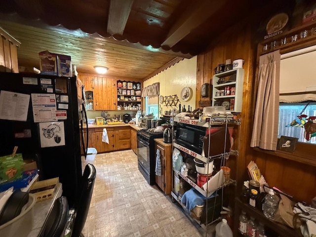 40257 Elbow Lake Store Rd, Round Lake N Twp, MN 56589 - kitchen featuring open shelves, black appliances, wooden ceiling, brown cabinetry, and light floors