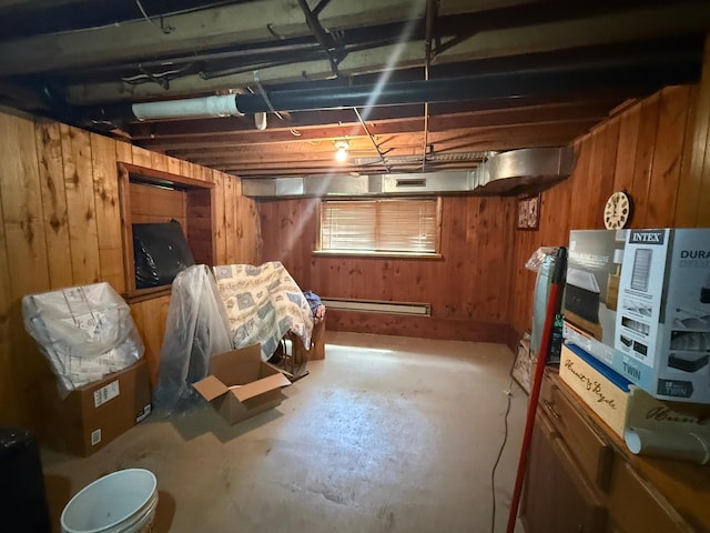 40257 Elbow Lake Store Rd, Round Lake N Twp, MN 56589 - below grade area featuring wood walls and a baseboard heating unit