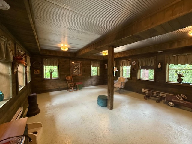 40257 Elbow Lake Store Rd, Round Lake N Twp, MN 56589 - miscellaneous room featuring wood walls, speckle patterned floor, and wooden ceiling