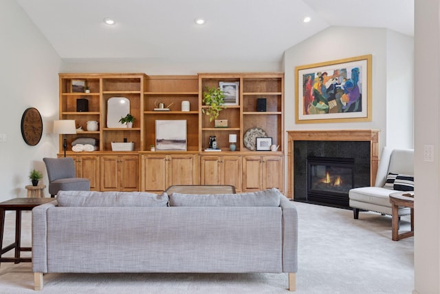 343 Waycliffe Dr N, Wayzata, MN 55391 - carpeted living area with lofted ceiling, a premium fireplace, and recessed lighting