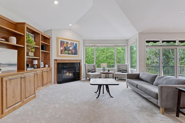 343 Waycliffe Dr N, Wayzata, MN 55391 - living area featuring lofted ceiling, a fireplace, light carpet, and recessed lighting