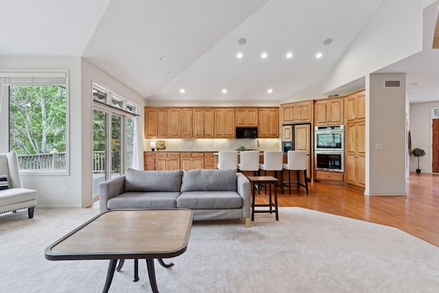 343 Waycliffe Dr N, Wayzata, MN 55391 - living area featuring lofted ceiling, recessed lighting, light wood-style flooring, and light carpet
