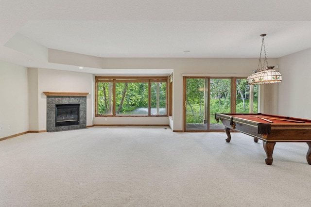 343 Waycliffe Dr N, Wayzata, MN 55391 - rec room with carpet, billiards, a fireplace, and recessed lighting