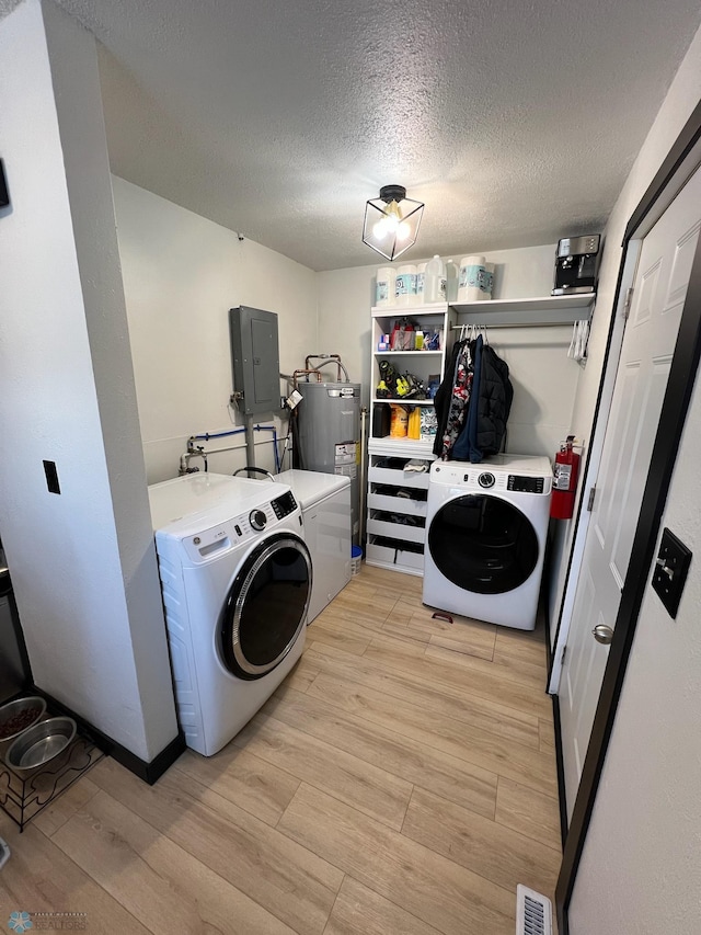 1822 7th Ave S, Fargo, ND 58103 - washroom with washer and dryer, electric panel, light wood finished floors, water heater, and a textured ceiling