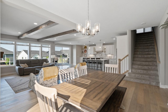 15560 110th Ave N, Dayton, MN 55369 - dining area with a chandelier, stairway, light wood-type flooring, beamed ceiling, and recessed lighting