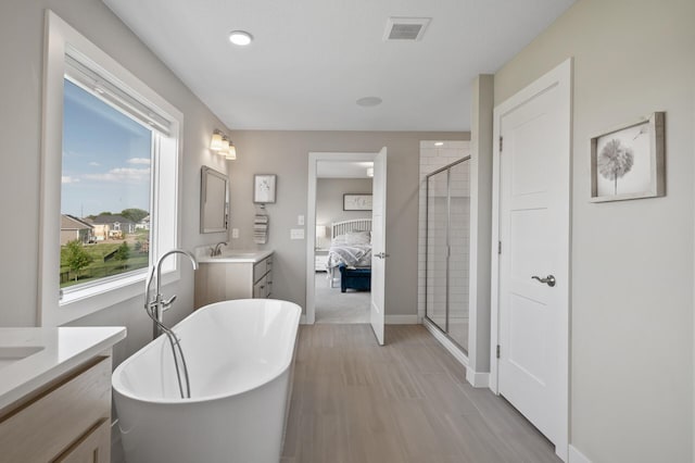 15560 110th Ave N, Dayton, MN 55369 - bathroom featuring vanity, a shower stall, a freestanding bath, and connected bathroom