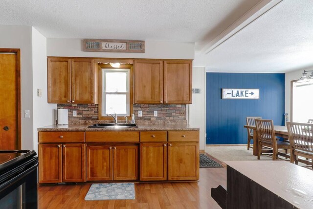 5960 165th St NE, Atwater, MN 56209 - kitchen with plenty of natural light, brown cabinets, a textured ceiling, light wood-style floors, and black electric range oven