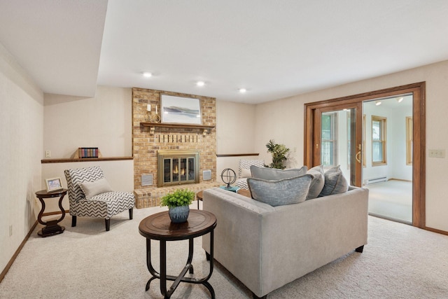 7516 Colorado Ave N, Brooklyn Park, MN 55443 - carpeted living area featuring a brick fireplace, a baseboard heating unit, and recessed lighting