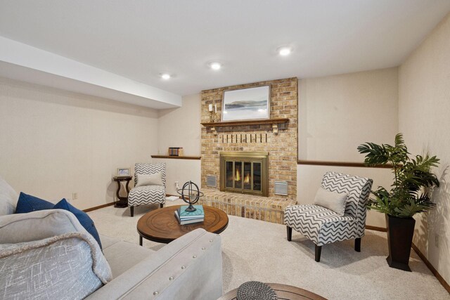 7516 Colorado Ave N, Brooklyn Park, MN 55443 - living area with carpet flooring, a brick fireplace, and recessed lighting