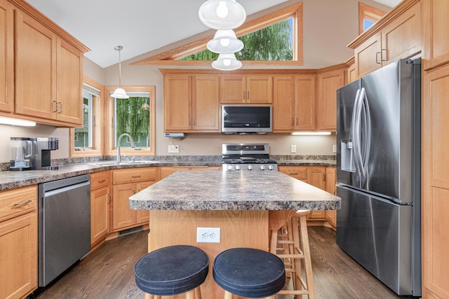 22027 Ethan Ave, Forest Lake, MN 55025 - kitchen featuring vaulted ceiling, stainless steel appliances, dark wood finished floors, and light brown cabinets