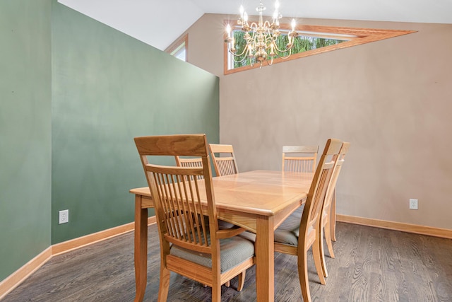 22027 Ethan Ave, Forest Lake, MN 55025 - dining room with a chandelier, vaulted ceiling, wood finished floors, and plenty of natural light