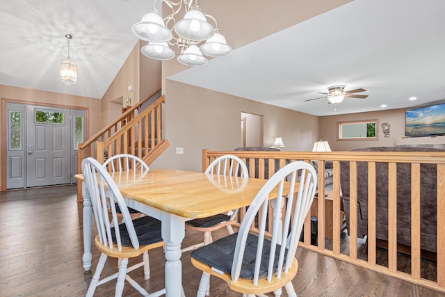 22027 Ethan Ave, Forest Lake, MN 55025 - dining space with stairway, wood finished floors, a chandelier, a ceiling fan, and recessed lighting
