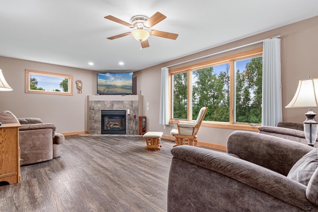 22027 Ethan Ave, Forest Lake, MN 55025 - living room with wood finished floors, ceiling fan, a tile fireplace, and recessed lighting