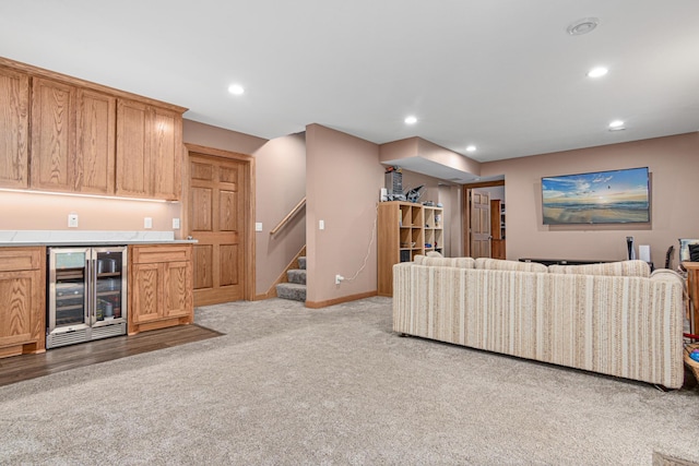 22027 Ethan Ave, Forest Lake, MN 55025 - living room featuring beverage cooler, wet bar, light carpet, stairs, and recessed lighting