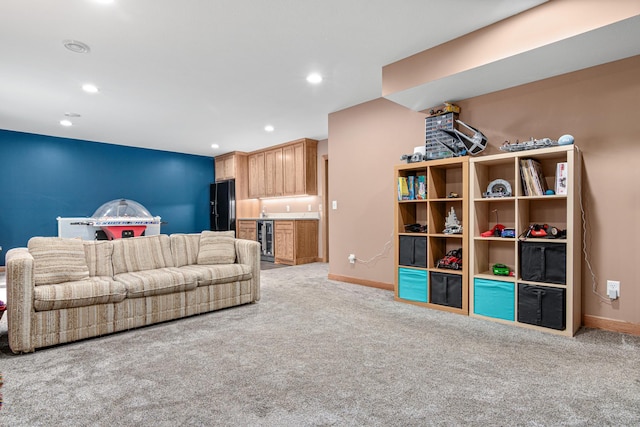 22027 Ethan Ave, Forest Lake, MN 55025 - living area featuring light carpet, wet bar, recessed lighting, and wine cooler