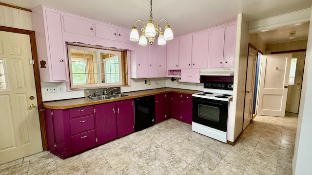 112 4th St E, Park Rapids, MN 56470 - kitchen with red cabinets, white electric range oven, dishwasher, under cabinet range hood, and a chandelier