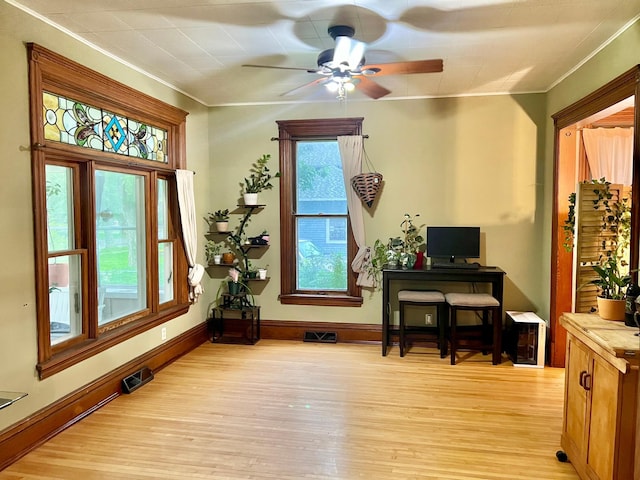 410 10th St SW, Willmar, MN 56201 - sitting room with light wood-type flooring, crown molding, and ceiling fan
