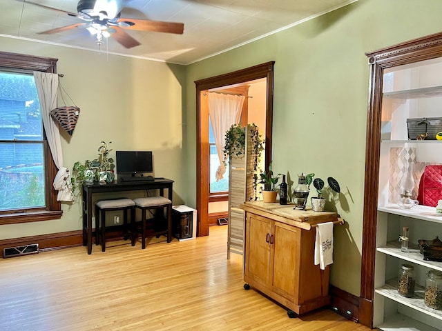 410 10th St SW, Willmar, MN 56201 - living area with ceiling fan, an office area, light wood-type flooring, and crown molding