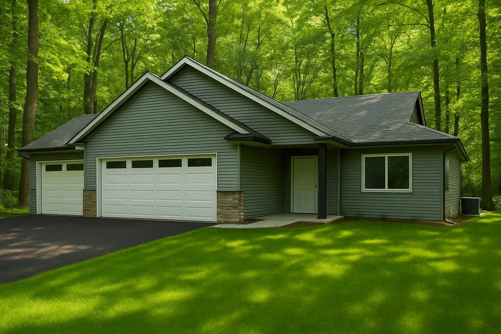 4638 Cedar Scenic Rd N, Baxter, MN 56425 - view of front of property with a garage, driveway, a front yard, a shingled roof, and stone siding