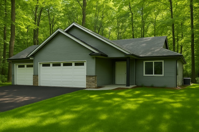 4638 Cedar Scenic Rd N, Baxter, MN 56425 - view of front of property with a garage, driveway, a front yard, a shingled roof, and stone siding