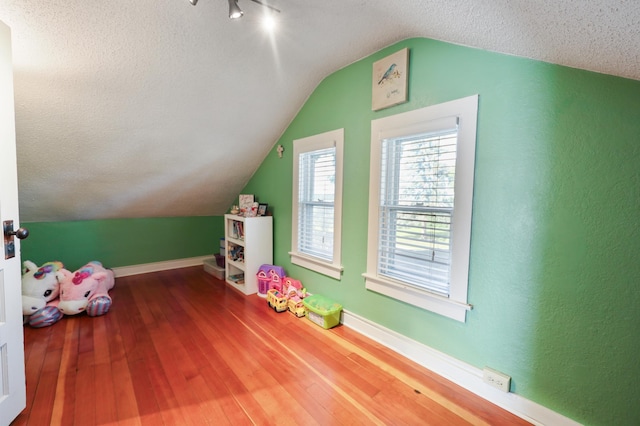 938 38th Ave N, Saint Cloud, MN 56303 - recreation room with lofted ceiling, hardwood / wood-style floors, and a textured ceiling