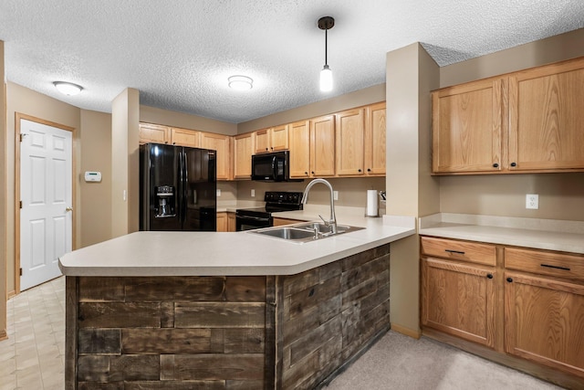 6226 Maclynn Ave NE, Otsego, MN 55301 - kitchen featuring black appliances, light countertops, a peninsula, light brown cabinets, and a textured ceiling