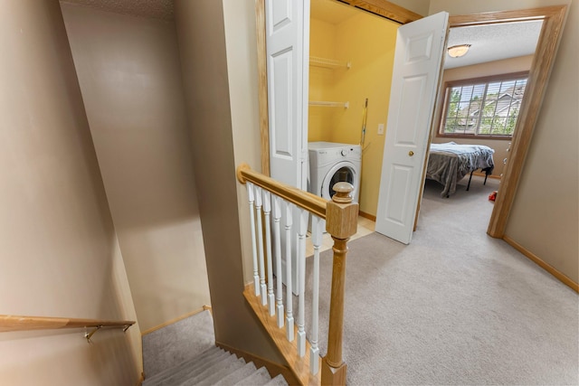 6226 Maclynn Ave NE, Otsego, MN 55301 - stairs with carpet floors, washer / dryer, and a textured ceiling