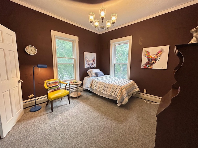 3128 Portland Ave, Minneapolis, MN 55407 - bedroom with ornamental molding, a chandelier, a baseboard heating unit, carpet floors, and multiple windows