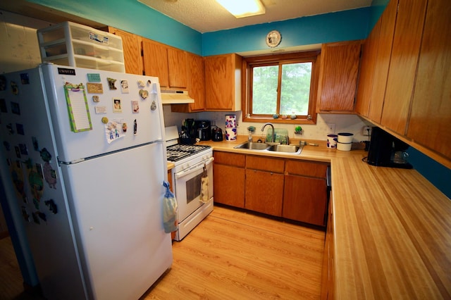 2942 52nd St SW, Jenkins, MN 56472 - kitchen with white appliances, light countertops, under cabinet range hood, light wood-type flooring, and brown cabinetry
