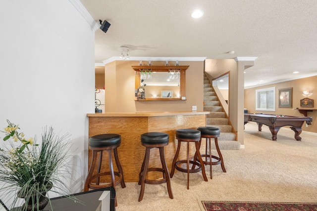5390 157th St N, Hugo, MN 55038 - indoor bar with ornamental molding, light carpet, billiards table, recessed lighting, and stairway