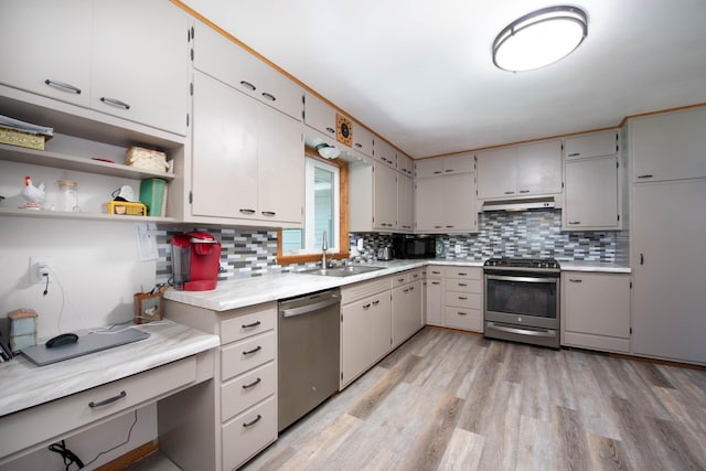 1704 Fair St, Mankato, MN 56001 - kitchen featuring stainless steel appliances, under cabinet range hood, tasteful backsplash, and light wood finished floors
